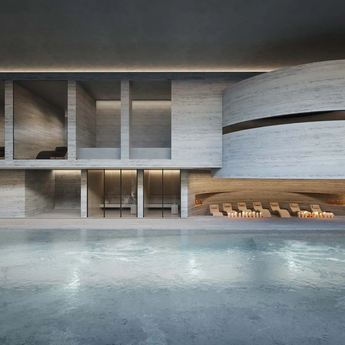 Indoor lap pool with travertine walls, developer render