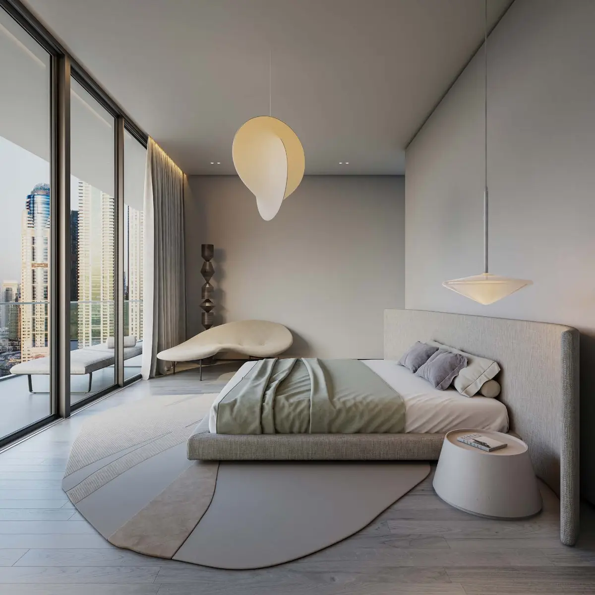Bedroom with floor-to-ceiling glazing, developer render